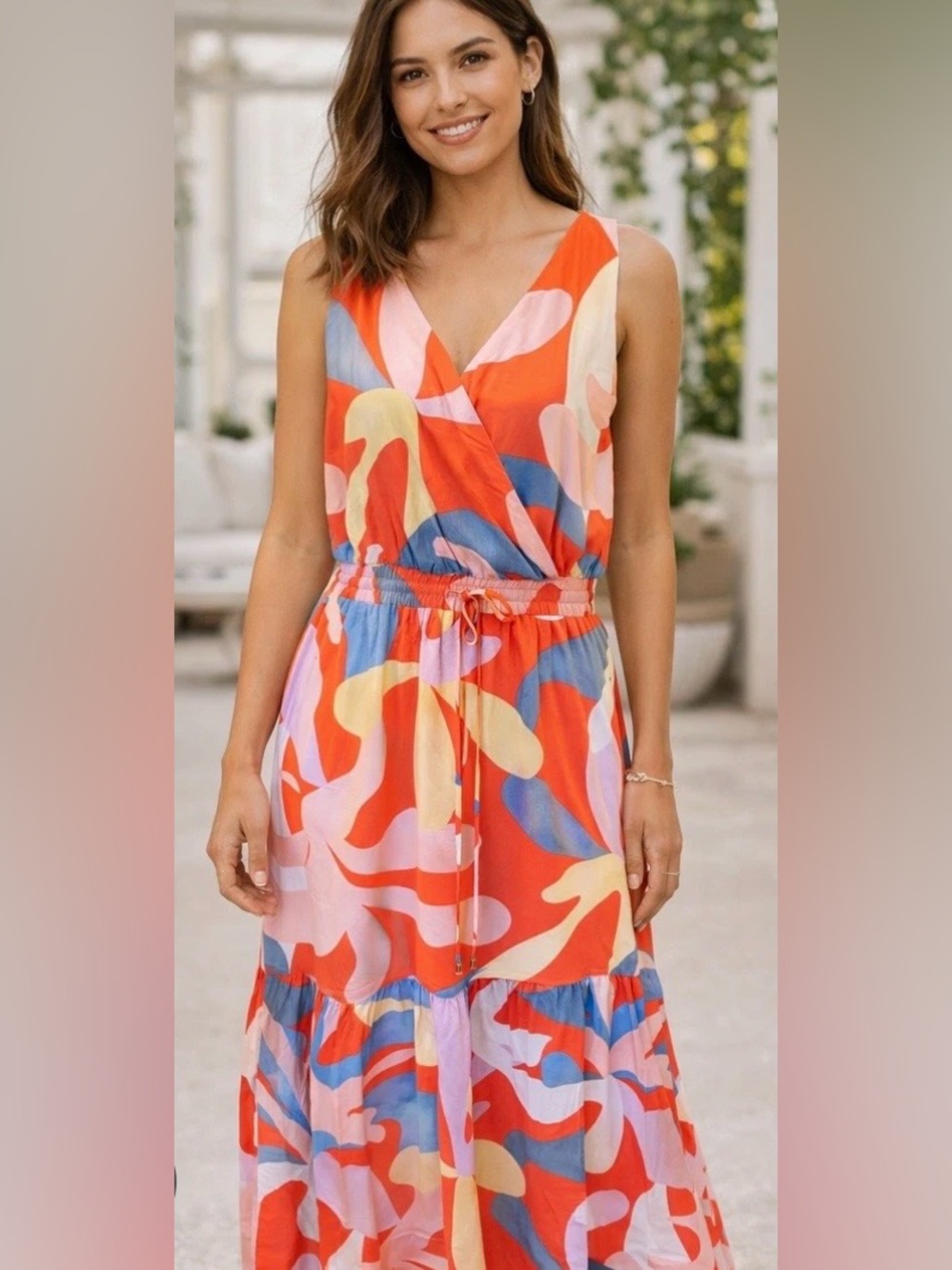 Rachel Zoe maxi dress features a vibrant abstract print and V-neckline SZ Small